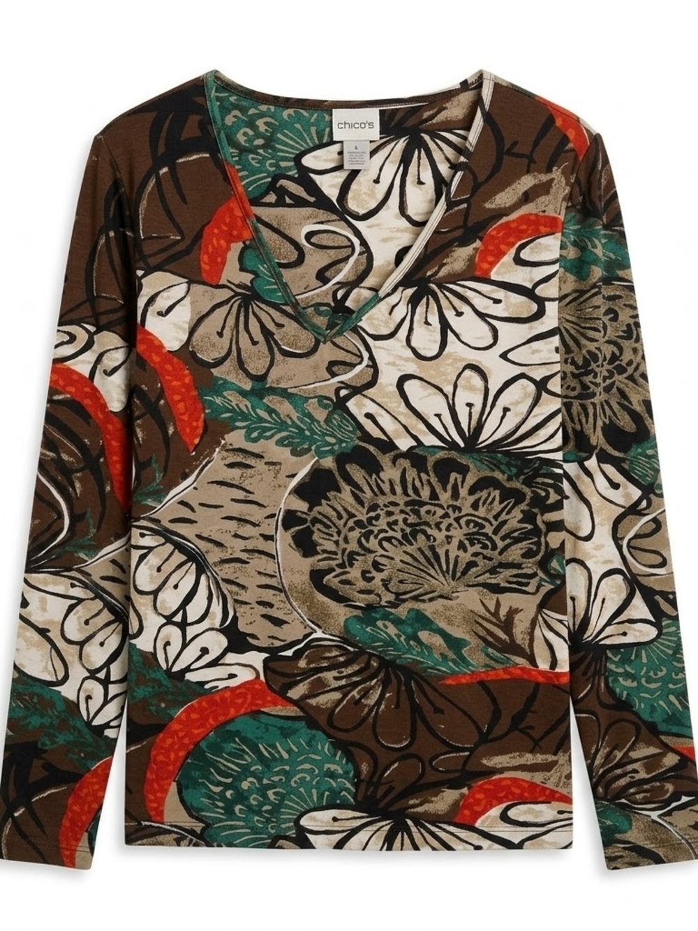 Chico's Size 3(14/16) Floral V-Neck Long Sleeve Top - Multi #61